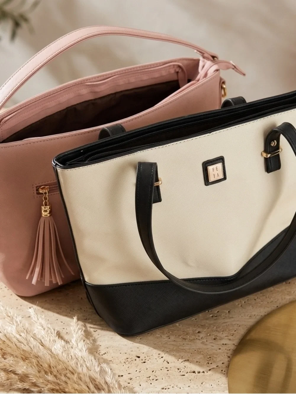 👜 Elegant & Spacious Handbag (Tote) Duo (Cream/Black + Pink) – Like New!